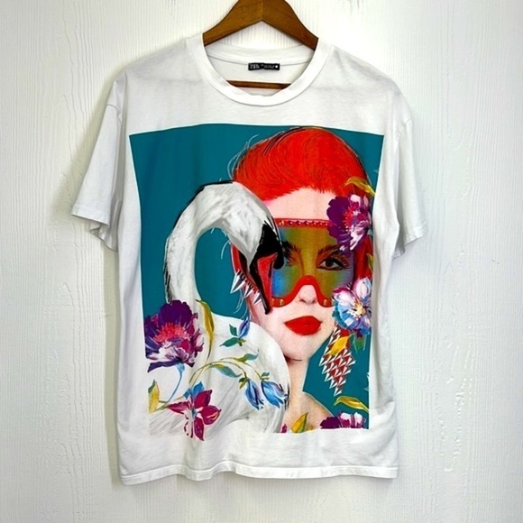 Zara - Madrid Gras Swan Colorful Fun Graphic Short Sleeve Shirt Size Small - Picture 6 of 10